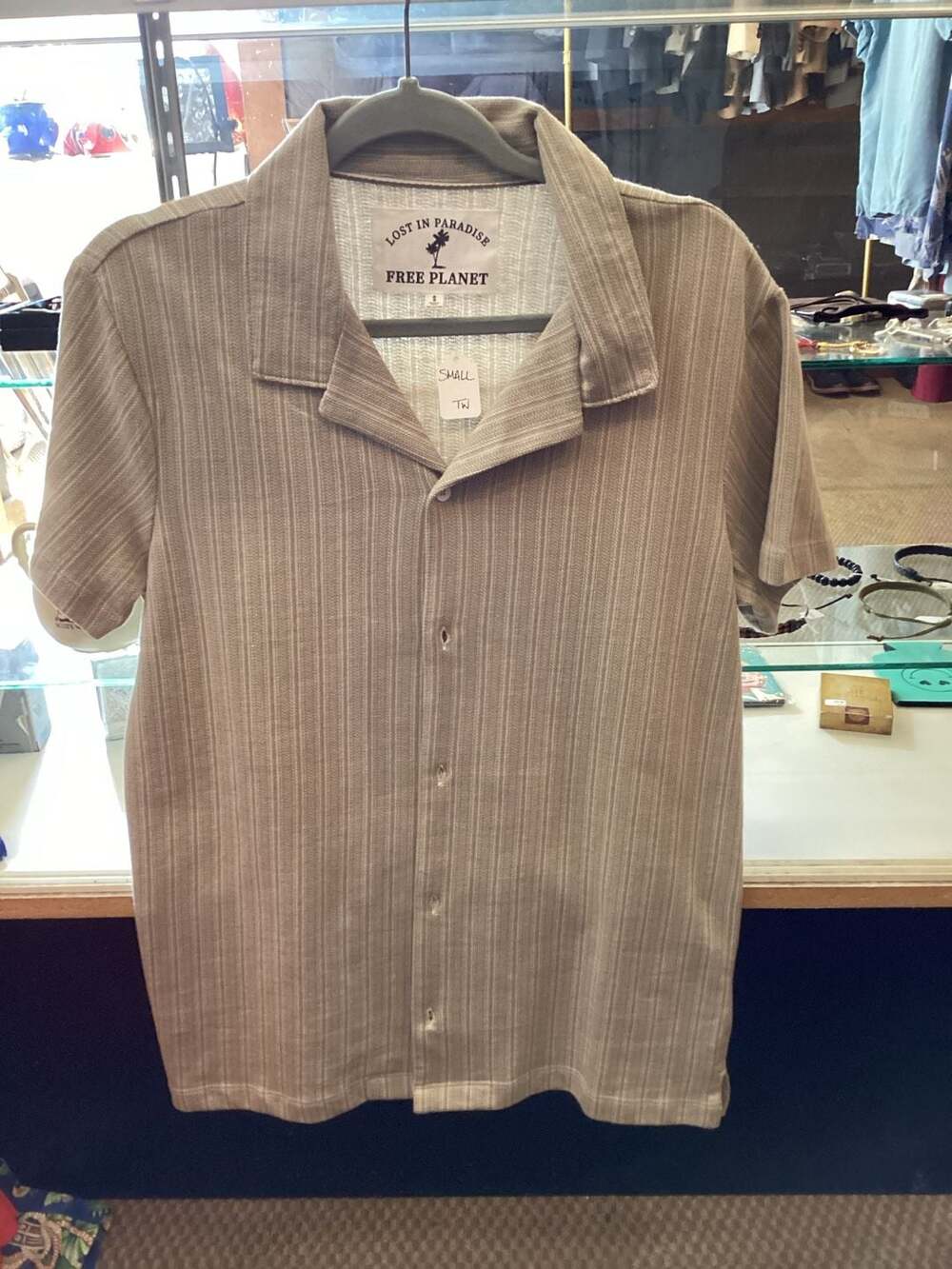 Small Beige Striped Camp Collar Button Shirt